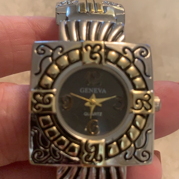 Silver & Gold Cuff Watch Geneva bracelet watch mixed metal - Picture 2 of 11